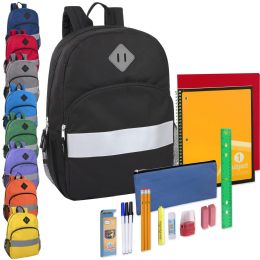 24 of 17 Inch Safety Reflective Backpack & 20 Piece School Supply Kit - 9 Colors