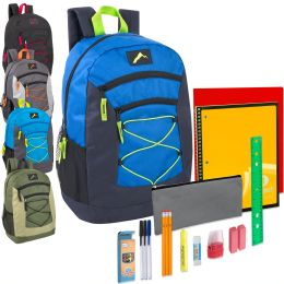 24 Wholesale Preassembled 18 Inch Urban Sport Multi Pocket Bungee Backpack And 20 Piece School Supply Kit - Boys