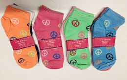 144 Pairs Women Short Socks Peace Print In Assorted Colors Size 9-11 - Womens Ankle Sock
