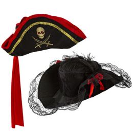 18 Pieces Pirate Hat 2ast Adult Men/women Lacey Buccaneer/captain Tricorn Pirate Hangtag/jhook - Costumes & Accessories