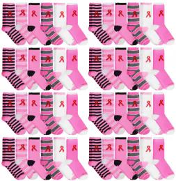 96 Wholesale Yacht & Smith Printed Breast Cancer Awareness Socks, Pink Ribbon Women Crew Socks