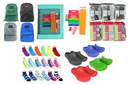 360 Wholesale Elementary School BacK-TO-School Bundle - 360 Items - 15" Classic Backpacks, Supply Kits, Clogs, Underwear, & Graphic Socks!