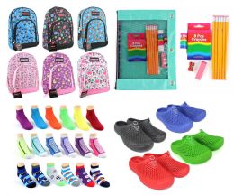 288 Wholesale Elementary School BacK-TO-School Bundle - 288 Items - 14" Graphic Backpacks, Supply Kits, Clogs, & Graphic Socks!