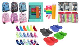 360 Wholesale Elementary School BacK-TO-School Bundle - 360 Items - 14" Graphic Backpacks, Supply Kits, Clogs, Underwear, & Graphic Socks!