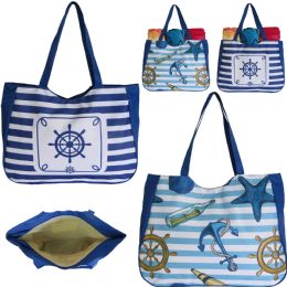 36 Wholesale 20" Durable Canvas Tote Beach Bags - Nautical Prints