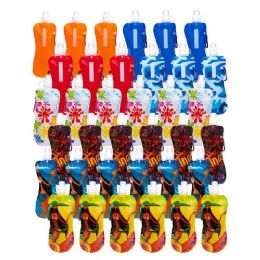 96 Wholesale Collapsible Foldable Water Bottle With Carabiner In Assorted Colors And Prints