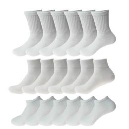 144 Bulk Socks Men's Crew, Ankle And Low Cut Athletic Size 9-11 In White