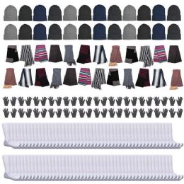 96 Bulk 96 Pack - Wholesale Unisex Winter 24 Glove Pairs, 24 Beanies, 24 Scarves and 24 White Crew Sock Pairs