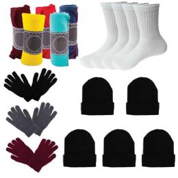 12 Wholesale Care Package Supplies - Bulk Case Of 12 Glove Pairs, 12 Socks, 12 Winter Throw Blankets, 12 Beanies