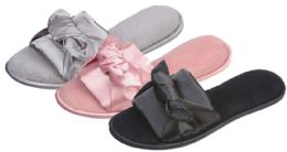 36 Wholesale Women's Plush Slide Slippers W/ Satin Knotted Bow