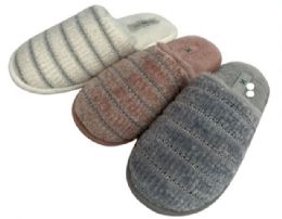 36 Wholesale Women's Ribbed Knit Slippers W/ Shimmer Stitching & Faux Fur Footbed