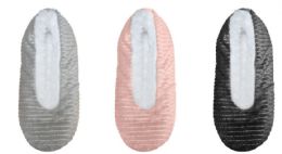 36 Wholesale Women's Metallic Striped Slippers Socks W/ Sherpa Lining