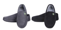 24 Wholesale Men's Suede Moccasin Slippers W/ Two Tone Patch Embellishment