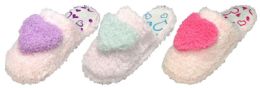 48 Units of Girl's Faux Fur Mule Slippers w/ Heart Printed Footbed - Girls Slippers