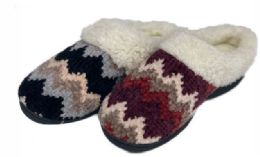30 Wholesale Women's Knit Clog Slippers W/ Two Tone Chevron Patterns & Sherpa Trim