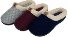 30 Wholesale Women's Knit Clog Slippers W/ Sherpa Trim & Patch Embellishment