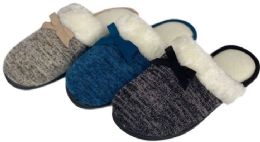 36 Wholesale Women's Jersey Knit Mule Slippers W/ Faux Fur Trim & Satin Bow