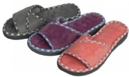 36 Wholesale Women's Faux Suede Slide Slippers W/ Plaid Trim