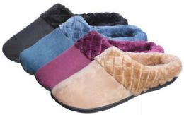 30 Wholesale Women's Faux Suede Clog Slippers W/ Quilted Faux Fur Trim