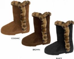 12 Wholesale Women's 9" Microsuede Winter Boots W/ Leopard Faux Fur Trim