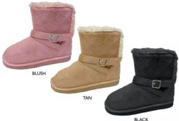 12 Wholesale Girl's Quilted Microsuede Winter Boots W/ Faux Fur Trim & Buckled Strap