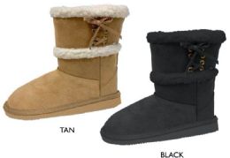 12 Wholesale Girl's Microsuede Tall Winter Boots W/ Sherpa Trim & Laces