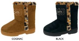 12 Wholesale Girl's Microsuede Winter Boots W/ Bebe Rhinestone Logo & Leopard Faux Fur Trim