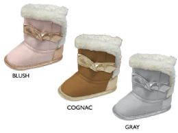 18 Wholesale Infant Girl's Microsuede Boots W/ Shimmer Bow & Faux Fur Trim, & Velcro Closure