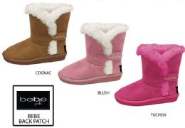 12 Wholesale Toddler Girl's Winter Boots W/ Bebe Embroidered Velcro Strap & Faux Fur Trim