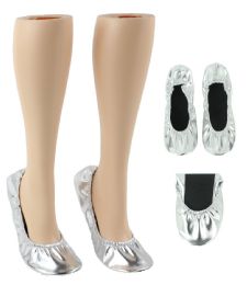 12 Wholesale Women's Wedding RolL-Up Flats - Metallic Silver