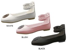 12 Wholesale Girl's Patent Leather Flats W/ Braided Detail Ankle Strap & Bebe Medallion