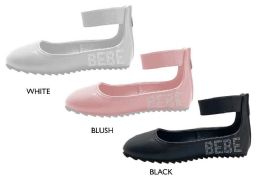 12 Wholesale Girl's Shimmer Patent Flats W/ Elastic Ankle Strap, Bebe Rhinestone Logo, & Treaded Soles