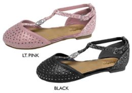 12 Wholesale Girl's Shimmer Faux Leather Flats w/ Rhinestone & Bebe Print Details