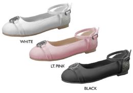 12 Wholesale Girl's Ankle Strap Flats W/ Rhinestone Bebe Medallion & Heel