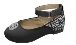 12 Pieces Toddler Girl's Ankle Strap Ballet Flats W/ Bebe Heel Print & Stud Embellishment - Black - Girls Shoes