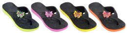 48 Wholesale Girl's Sport Thong Sandals - Black W/ Neon Butterfly Adornment & Sole