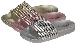 36 Pairs Girl's Metallic Slide Sandals W/ Pearl Studded Strap - Girls Flip Flops