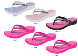 36 Pairs Girl's Pcu Wedge Sandals W/ Rhinestone Straps & Holographic Striped Footbed - Girls Flip Flops