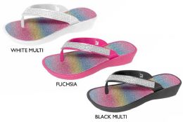 12 Pairs Girl's MinI-Wedge Thong Flip Flop Sandals W/ Rainbow Glitter Footbed & Rhinestone Strap - Girls Flip Flops