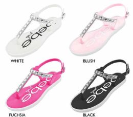8 Wholesale Girl's Pcu Thong T-Strap Sandals W/ Rhinestone Straps & Bebe Print Footbed