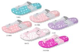 12 Wholesale Girl's Gizeh Buckle Sandals W/ Printed Footbed, Glitter Strap, & Scalloped Sole