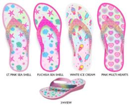 12 Wholesale Girl's MinI-Wedge Thong Flip Flop Sandals W/ Printed Footbed & Glitter Strap