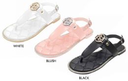 8 Wholesale Girl's Patent T-Strap Sandals W/ Bebe Medallion, Quilt Embossed Footbed, & Rhinestone Trim