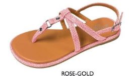 12 Pairs Girl's Lurex Strap Sandals - Rose Gold W/ Stud Embelishment - Girls Flip Flops