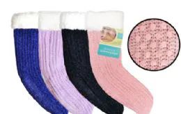 12 Units of Sherpa Lined Knit Slipper Sock - Womens Slipper Sock