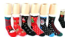 12 Units of Sherpa Lined Knit Slipper Sock Christmas - Womens Slipper Sock