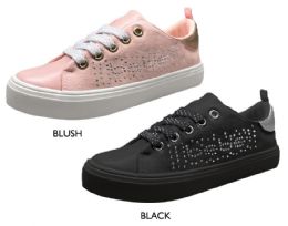 12 Pairs Girl's Lace Up Microsuede Sneakers W/ Bebe Rhinestone Logo & Shimmer Laces - Girls Sneakers