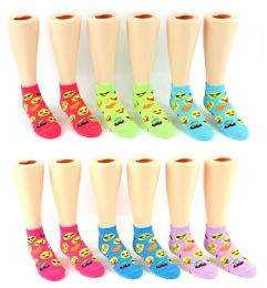 24 Pairs Boy's & Girl's Low Cut Novelty Socks - Emoji Prints - Size 4-6 - Boys Ankle Sock