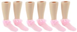 24 Wholesale Girl's Lace Cuff Ankle Socks - Pink - Ages 6-12