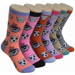360 Wholesale Ladies Coffee Printed Crew Socks Size 9-11